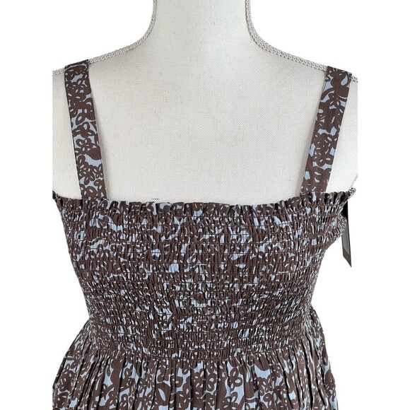 Rungolee Tahiti Floral Smocked Silk Top Blue Coffee Sleeveless Boho op NEW Sz S - Picture 3 of 16